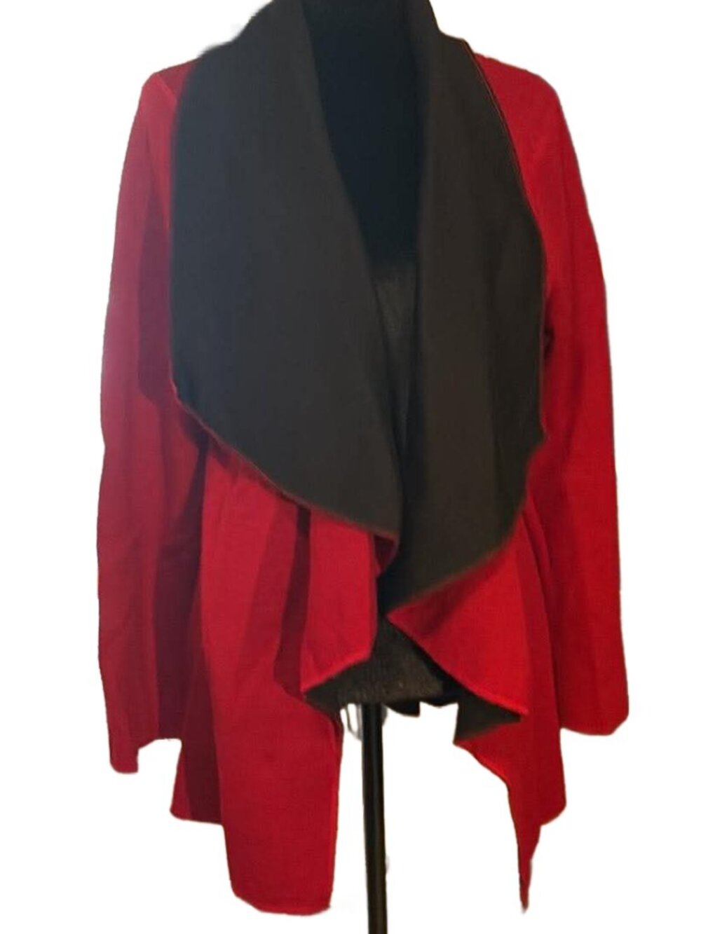 Red & Black Double Thick Knit Asymmetrical Open Front Sweater
